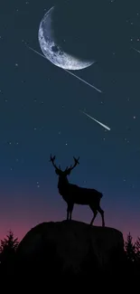 Deer silhouette under a moonlit sky with stars and shooting stars.