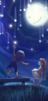 Children reaching for stars under a big moon in a fantasy night scene.