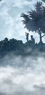 Children on a hill under a moonlit sky with a tree and mist.