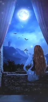 Woman gazing at moonlit sky from window in a fantasy landscape.