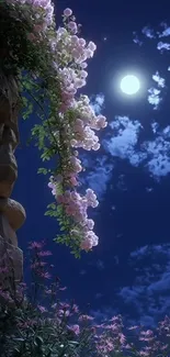 Moonlit flowers against a serene night sky.