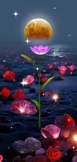 Purple flower glows under moonlight with red petals on a dark blue background.