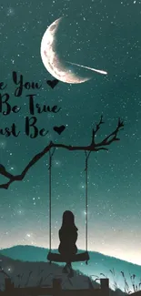 Silhouette on swing under crescent moon with inspiring quote.