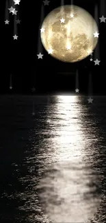 Moonlit lake with stars and water reflection at night.