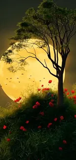 Serene moonlit night with a tree and glowing flowers.