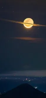 Moonlit night over mountains with glowing full moon and distant city lights.