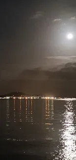 Moonlit night over tranquil water with reflections of light.