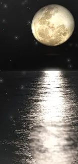 A glowing full moon reflecting on a calm sea at night.