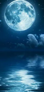 Moonlit night with a full moon reflected on calm water.