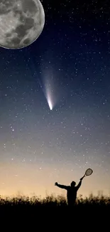 Silhouette under a starry sky with moon and comet.