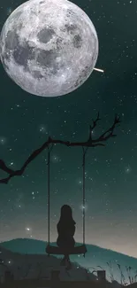 Silhouette on swing under full moon in a tranquil night sky.