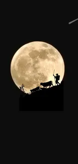 Moonlit night silhouette with shepherd and cattle under the full moon and shooting star.