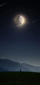 Milky night sky with meteors over mountains.