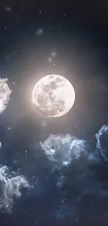 Glowing full moon with clouds in a dark night sky wallpaper.