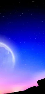 Moonlit night sky wallpaper with stars and a blue gradient.