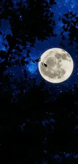 Full moon shines through treetops with a starry night sky.