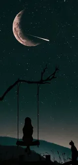 Silhouette on swing under crescent moon in starry night sky.