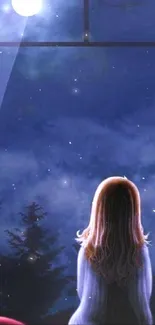 Woman gazing at moonlit night sky through a window, surrounded by trees.