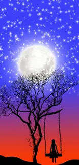 Silhouette on swing under starry moonlit sky with tree.