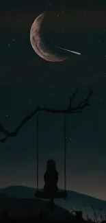 Silhouette on swing with moon and shooting star in night sky.