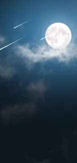 Full moon and shooting stars over a dark blue night sky with clouds.