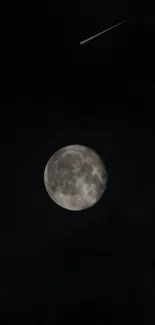 Full moon and shooting star in a dark night sky.