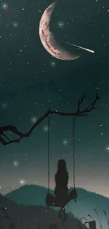 Silhouette on swing under a moonlit starry sky.