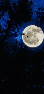 Full moon and tree silhouettes against a starry blue night sky.