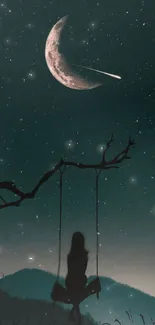 Silhouette of a girl on swing beneath a crescent moon and shooting star.