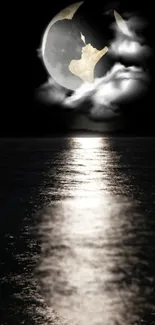 Moonlit night sky with clouds reflecting on calm water.