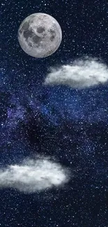 Moonlit night sky with clouds and stars on mobile wallpaper.