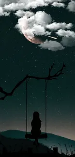 Dark teal night sky with moon and silhouette swing.