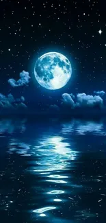 Serene mobile wallpaper with full moon over starry ocean.