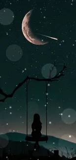 Silhouette on a swing under crescent moon and shooting star in dark night sky.