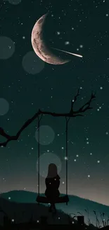 Silhouetted swing under crescent moon in starry night sky.