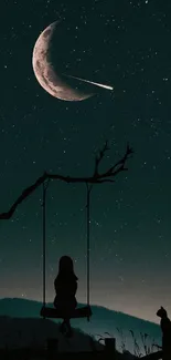 Silhouette on a swing under a crescent moon and starry sky.