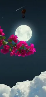 Moonlit night with pink flowers and clouds.