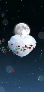 Heart-shaped cloud with red roses under a bright full moon in a starry night sky.