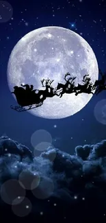 Santa's sleigh silhouette with moonlit sky.