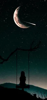 Silhouette of girl on swing under crescent moon in starry night sky.