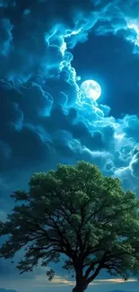 Moonlit night sky with tree silhouette and clouds.