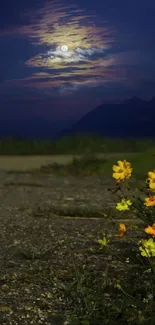 A moonlit night with vibrant wildflowers and a serene landscape.