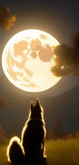 A wolf sits in a forest under the full moon glowing brightly.