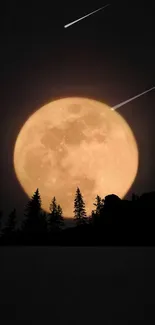 Majestic full moon with pine tree silhouette and shooting stars.