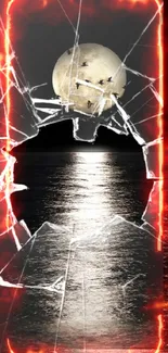 Moonlit ocean seen through broken glass on mobile wallpaper.