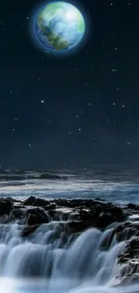 Moonlit ocean landscape with distant view of Earth under a starry night sky.