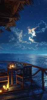 Romantic candlelit ocean view at night.