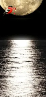 Moonlit ocean with bird silhouette and bright reflection at night.