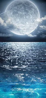 Moonlit ocean with shimmering waters under a serene full moon night sky.