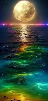 Moonlit ocean with vibrant colors reflecting in water.